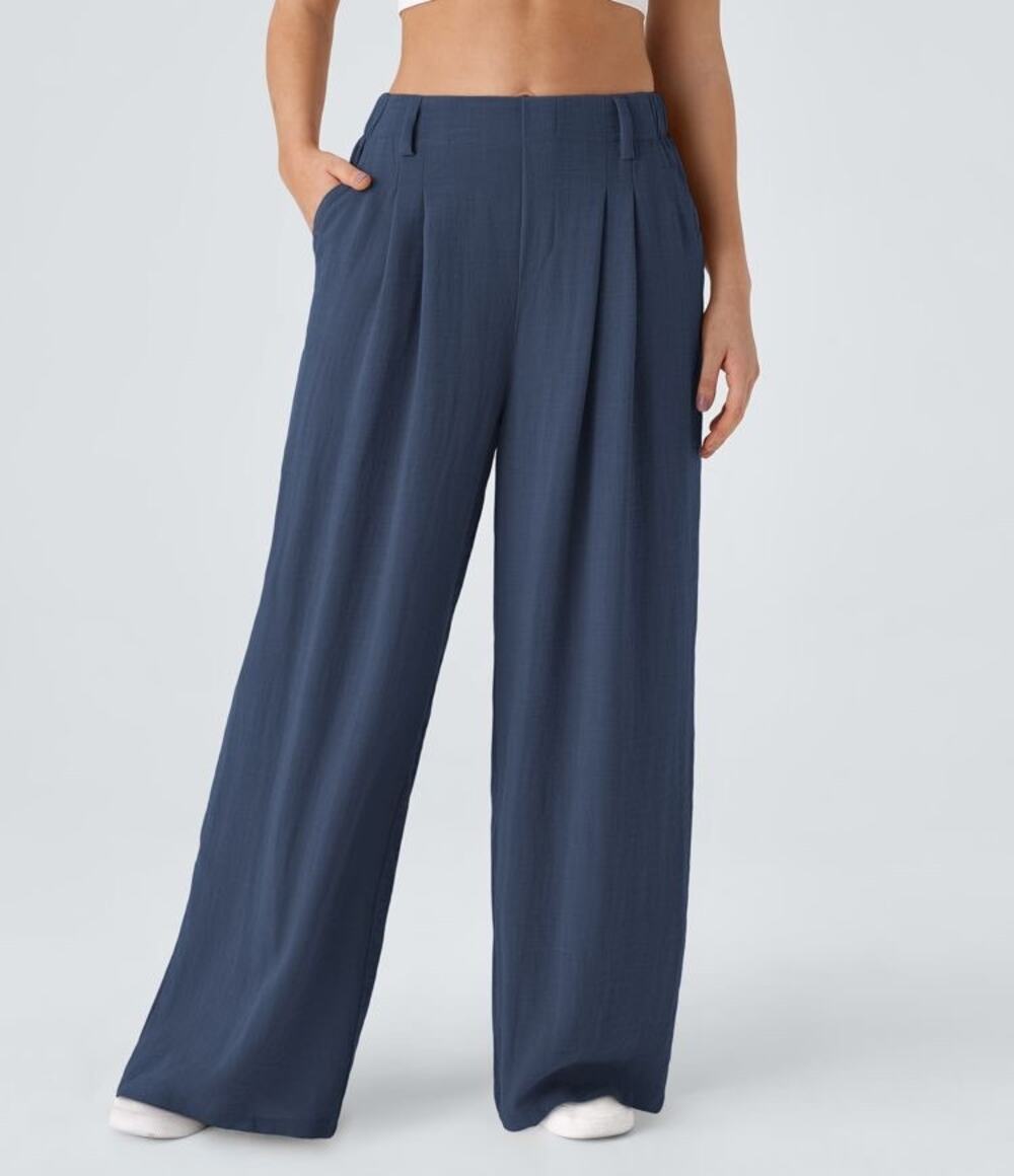 Halara Wide Leg Flowy Solid Palazzo Casual Linen Feel Pants Sec Blue XL petite